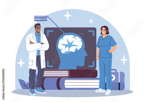 Doctors and nurses standing near a brain scan image, flat cartoon style, on a white and blue background. Concept of neurology and healthcare. Vector illustration