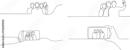 Set of people taking selfie one continuous line art, Vector illustration, One line art, Line art graphic style