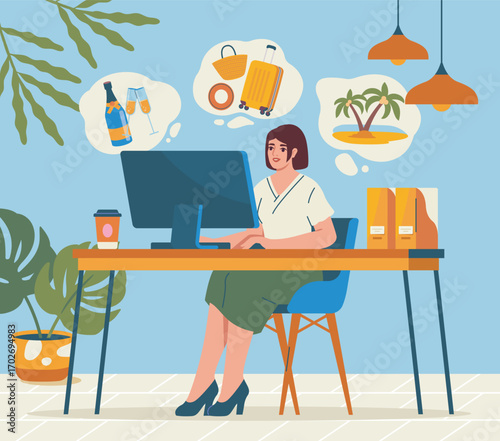 A woman sits at her office desk working on computer while thinking about travel, shopping, and tropical vacations, in flat style on blue background. Concept of work life balance. Vector illustration
