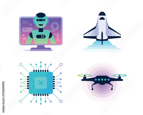 Futuristic technology icons robot ai space shuttle microchip and drone