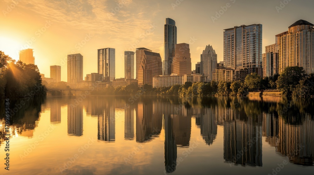 Obraz premium Sunrise over a city reflected in a calm lake
