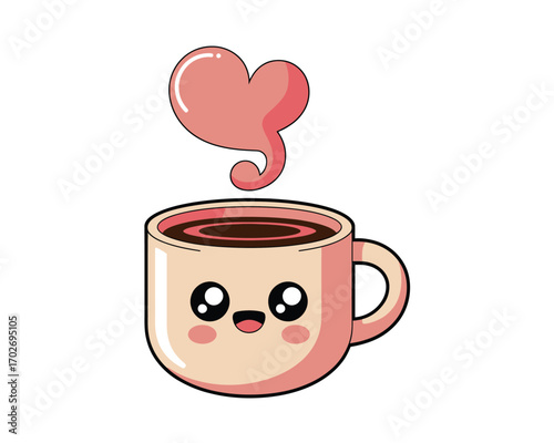 Cute kawaii coffee cup with heart shaped steam and happy face