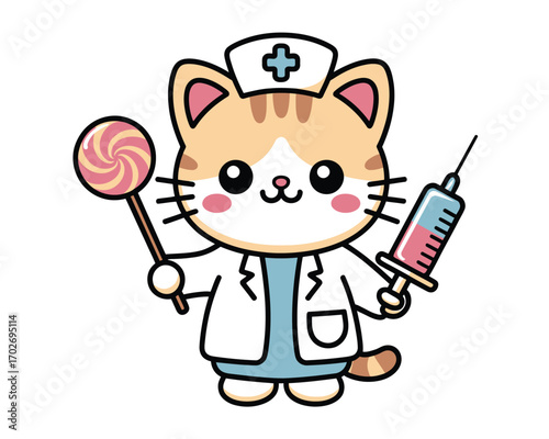 Cute cartoon cat doctor holding a lollipop and a syringe