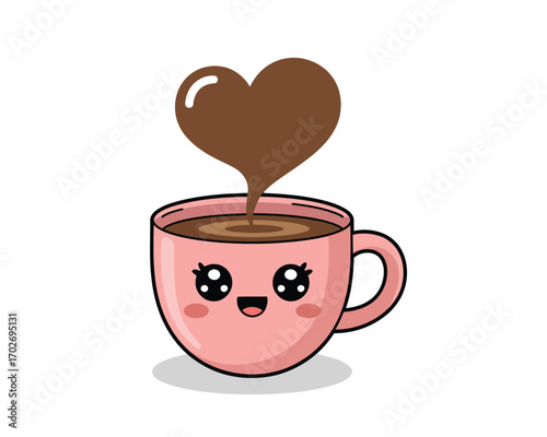 Cute kawaii pink coffee cup with a heart shaped chocolate pour