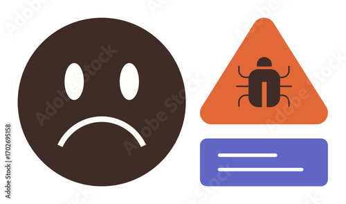 Frowning face next to a warning sign with a bug and text lines. Ideal for technology, programming, error, troubleshooting, cybersecurity, software testing, customer feedback. Simple flat metaphor