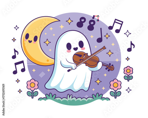 Cute ghost playing violin under a smiling moon with musical notes