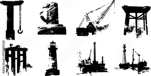 Industrial silhouettes of docks and shipyards with cranes and lighthouse
