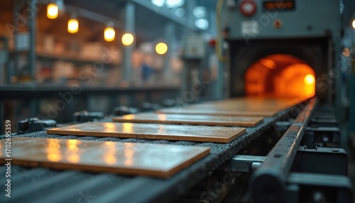 Ceramic tiles production line, after passing dark oven, industry processes. Conveyor belt transports tiles. Tile manufacturing in process. Heat treatment, quality control. Factory environment, © Vadym