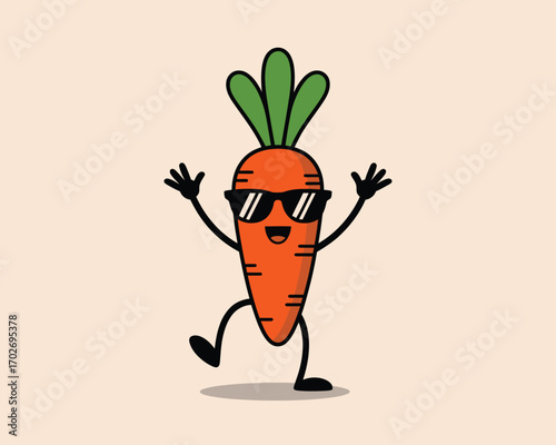 Happy cartoon carrot character wearing sunglasses and dancing