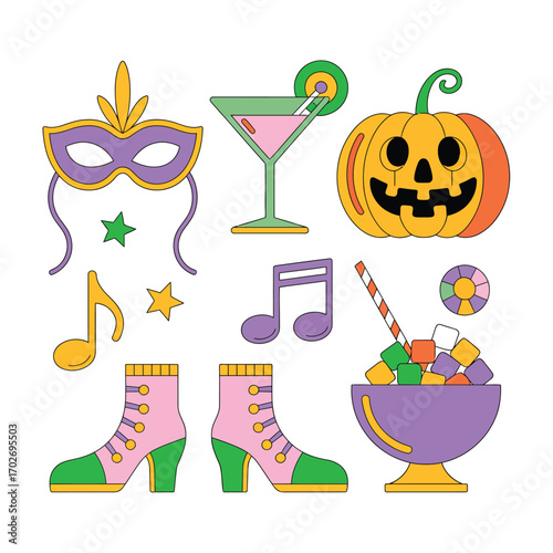 Mardi gras halloween party elements collection with mask cocktail pumpkin boots and music notes