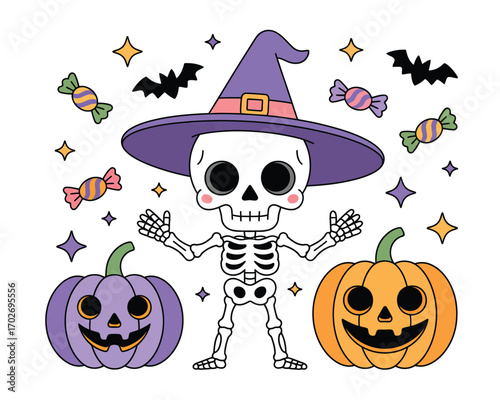 Cute cartoon skeleton in witch hat with pumpkins and candy for halloween