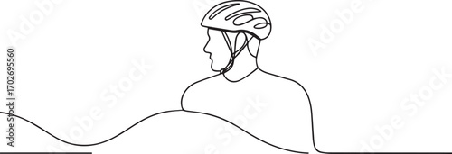 A cyclist wearing a helmet one continuous line art, Vector illustration, One line art, Line art graphic style