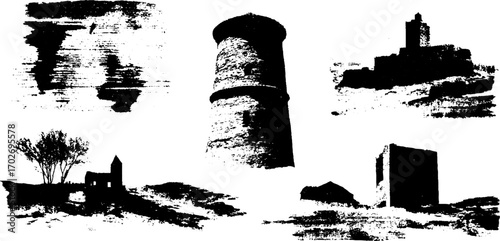 Black ink silhouette set of dystopian ruined city structures