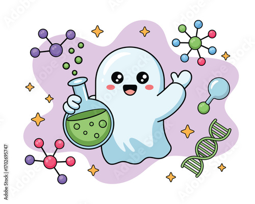 Cute ghost character in a lab with science molecules and dna