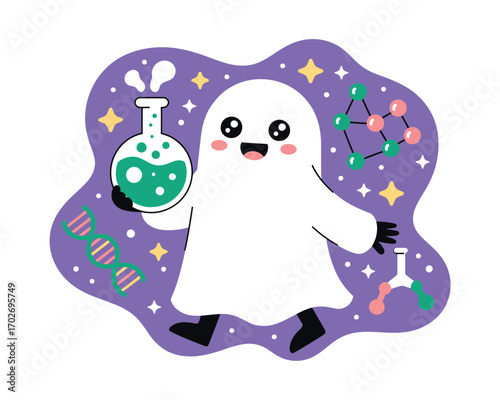 Cute cartoon ghost scientist holding chemistry flasks and molecular models