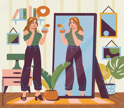Woman standing in front of a mirror holding a perfume bottle, surrounded by houseplants and decor, in a cozy room interior. Vector illustration