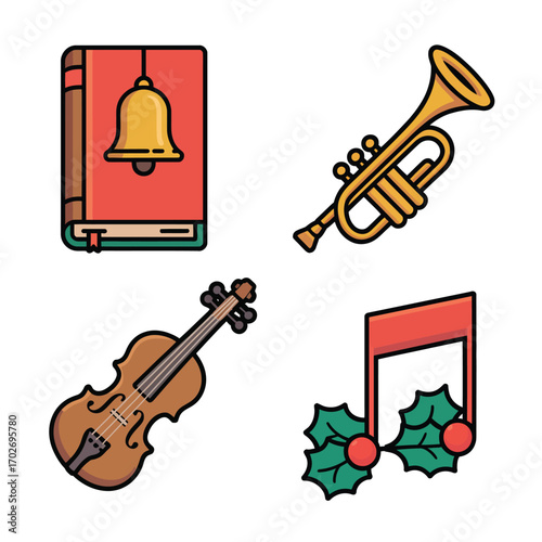 Collection of musical instruments and symbols for music education or celebration