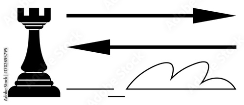 Chess rook next to horizontal arrows of opposing directions, abstract shape emphasizing motion and conflict. Ideal for strategy, leadership, planning, competition, decision-making, teamwork, business