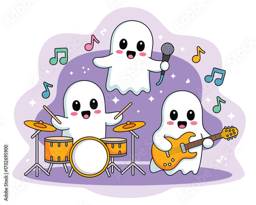 Cute cartoon ghosts playing musical instruments and singing