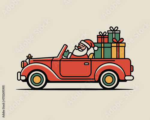 Santa claus driving a red convertible car loaded with christmas presents