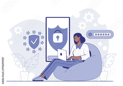 Woman sitting with laptop on bean bag using secure connection, shield and padlock symbols around, on abstract background. Concept of online data protection. Vector illustration