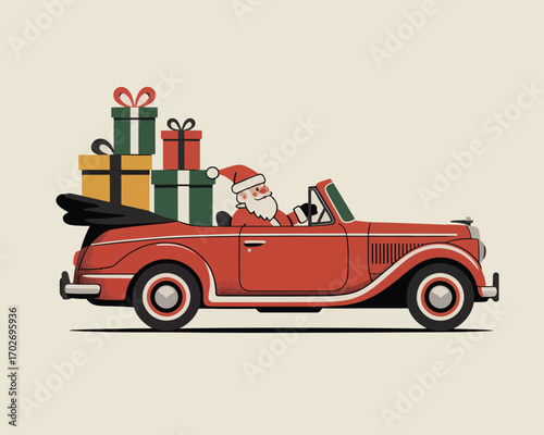 Santa claus driving a vintage red convertible car loaded with christmas gifts
