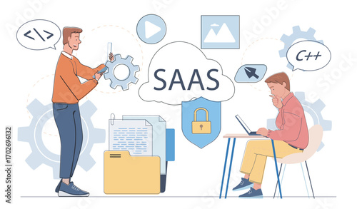 Two male characters interact with laptops and gears, surrounded by SaaS icons, cloud and security symbols on white background. Concept of cloud software service. Vector illustration