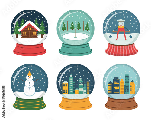 Collection of six charming winter snow globes with festive scenes