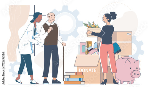 People donating food, books, and items to charity, with a female volunteer assisting an elderly man, in flat style on abstract background. Concept of giving back. Vector illustration