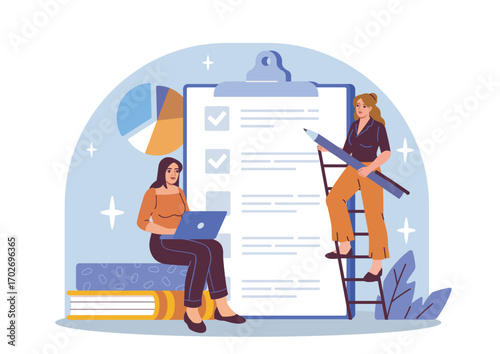 Two women working on a checklist, one using a laptop while the other writes on a clipboard with a giant pen, flat style on white background. Concept of task planning. Vector illustration
