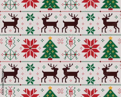 Festive christmas pattern with reindeer and trees in a traditional knit style
