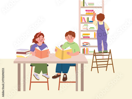 Smiling children reading books in a library