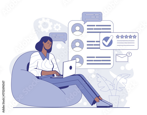 Woman sitting on bean bag using laptop surrounded by digital interface icons, flat style with soft background, concept of remote work productivity. Vector illustration