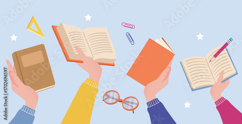 Hands holding books and a pencil in mid-air with paper clips, ruler, and glasses on a light blue background, symbolizing education and learning. Vector illustration