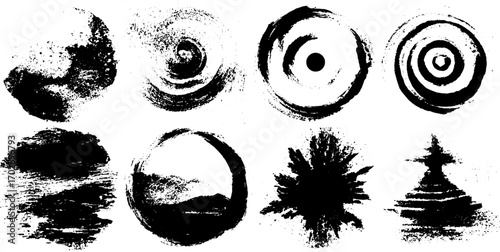 Abstract black ink spiral and aura silhouettes set for creative design