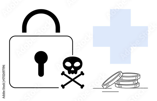 Padlock with skull and crossbones beside coins and blue medical cross, illustrating threats thumbs up ransomware, data protection, cybercrime, financial security, healthcare risk, vulnerability