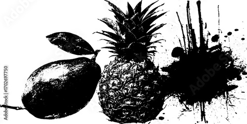 Exotic fruits silhouette art with mango pineapple in black ink for creative design
