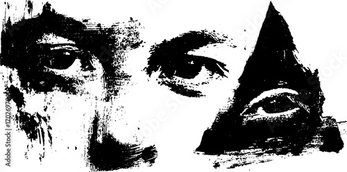 Abstract black ink silhouette of wide open eyes with rough texture for creative design