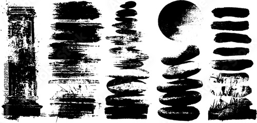 Black ink silhouette of facade ornaments with rough grunge style for design projects