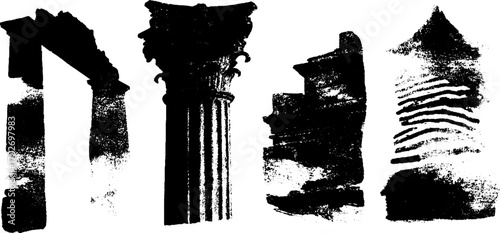 Black ink silhouette set of architectural facade ornaments for design and decor