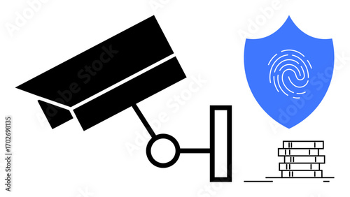 Black surveillance camera, blue shield with fingerprint, and stacked coins highlight security, surveillance, data protection, financial safety, privacy, digital security and economy. Ideal