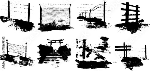 Black ink silhouette collection of barbed wire and fences