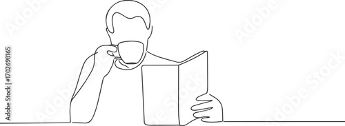 people reading book and eating tea one continuous line art, Vector illustration, One line art, Line art graphic style