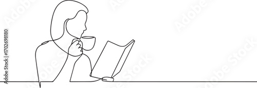 people reading book and eating tea one continuous line art, Vector illustration, One line art, Line art graphic style