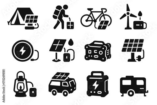 Power solar eco expedition weatherproof outdoor icon campervan field charger vector kit