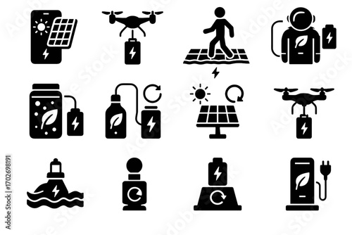 Wave fusion airborne wearable walkway eco piezoelectric charging solar charger vector icon