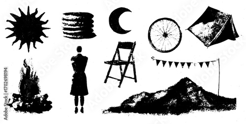 Black ink silhouette set of festival elements: camping, pancakes, bonfire, and more