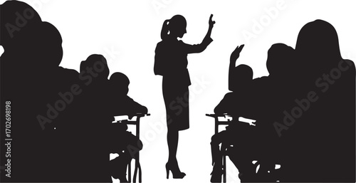 Silhouette of a teacher raising hand in a classroom with students raising hands education learning