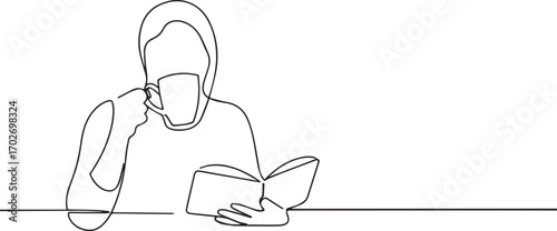 people reading book and eating tea one continuous line art, Vector illustration, One line art, Line art graphic style