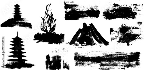 Abstract black ink silhouette set featuring fire flames smoke and pagoda elements for creative design
